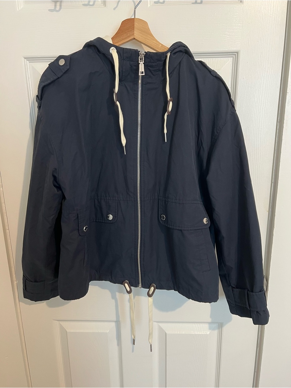Vince Camuto Navy Hooded Drawstring Rain Jacket